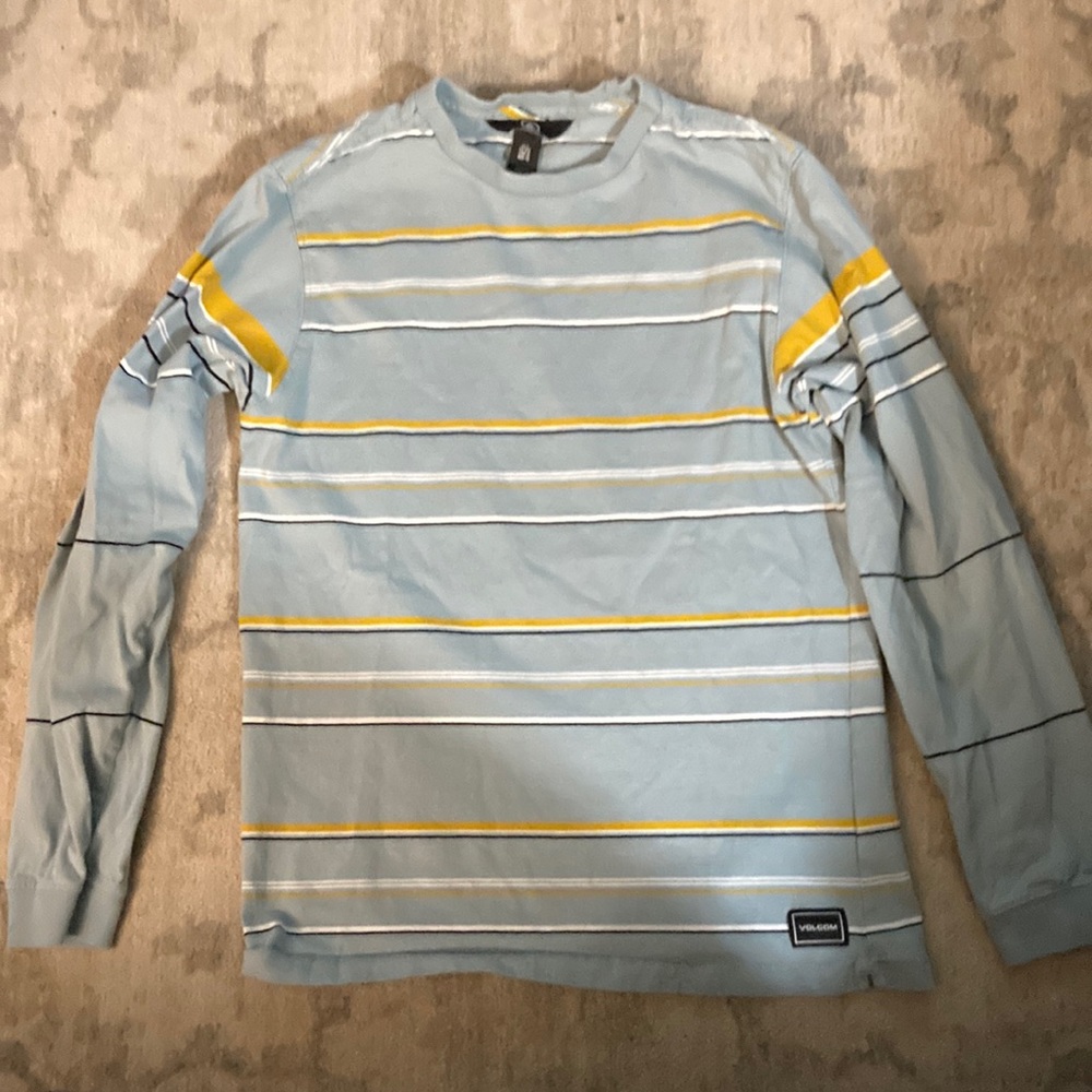 Volcom long sleeve blue with yellow, white and black lines t shirt